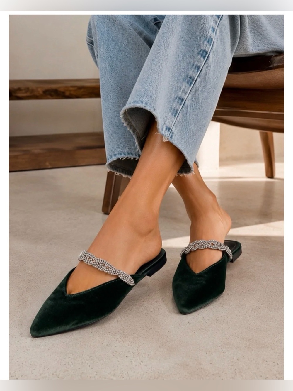 Birdies The Swan Rhinestone Bracelet Strap Mules Velvet Emerald Green 8.5